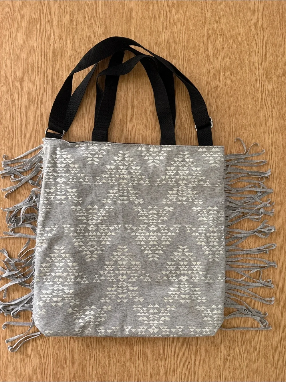 Justice Gray Fringe Tote Bag with Black Letter A